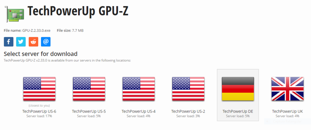 Escolha um servidor para baixar o GPU-Z