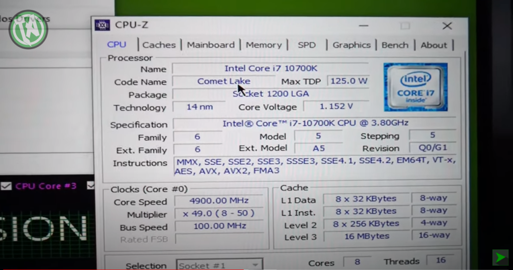 CPU-Z com o processado i7 10700K pronto para os testes